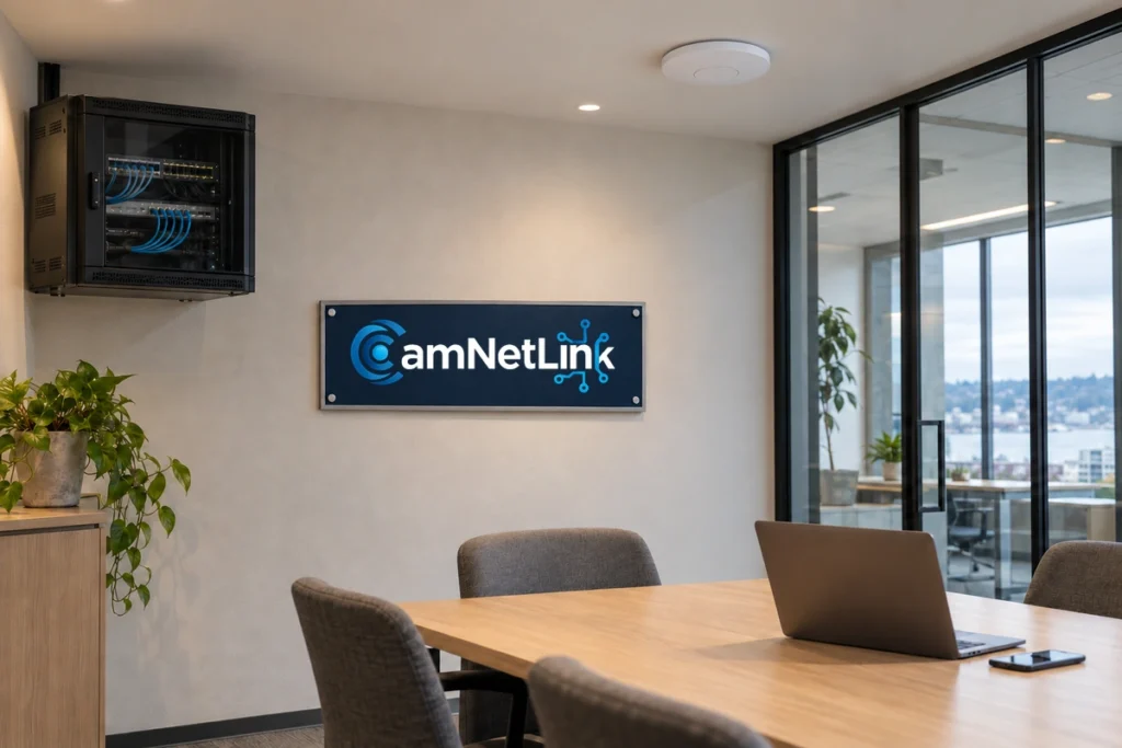 Ceiling-mounted Wi-Fi access point above an office meeting table beside a framed CamNetLink sign