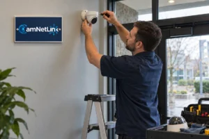 Technician replacing a turret security camera beside a framed CamNetLink sign at a glass entrance