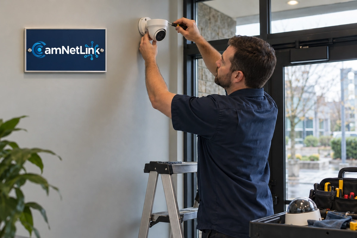 Technician replacing a turret security camera beside a framed CamNetLink sign at a glass entrance