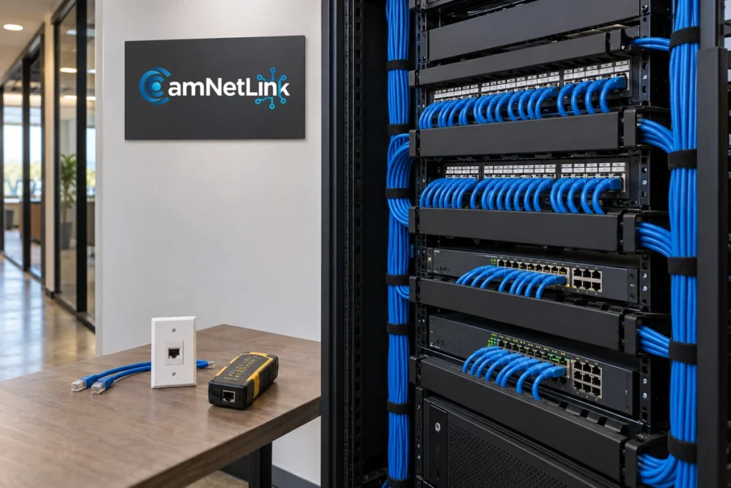 Organized Ethernet patch panels and blue network cables beside a CamNetLink wall sign