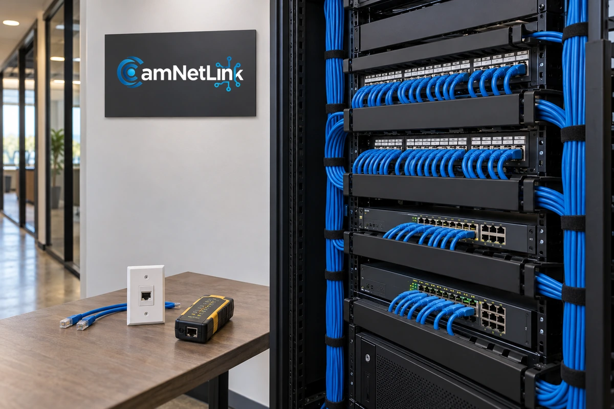 Organized Ethernet patch panels and blue network cables beside a CamNetLink wall sign