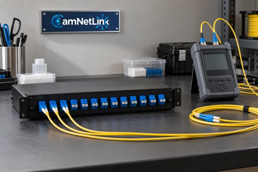 Yellow fiber optic cables connected to a patch panel beside a handheld tester and framed CamNetLink sign