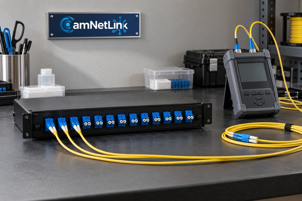 Yellow fiber optic cables connected to a patch panel beside a handheld tester and framed CamNetLink sign