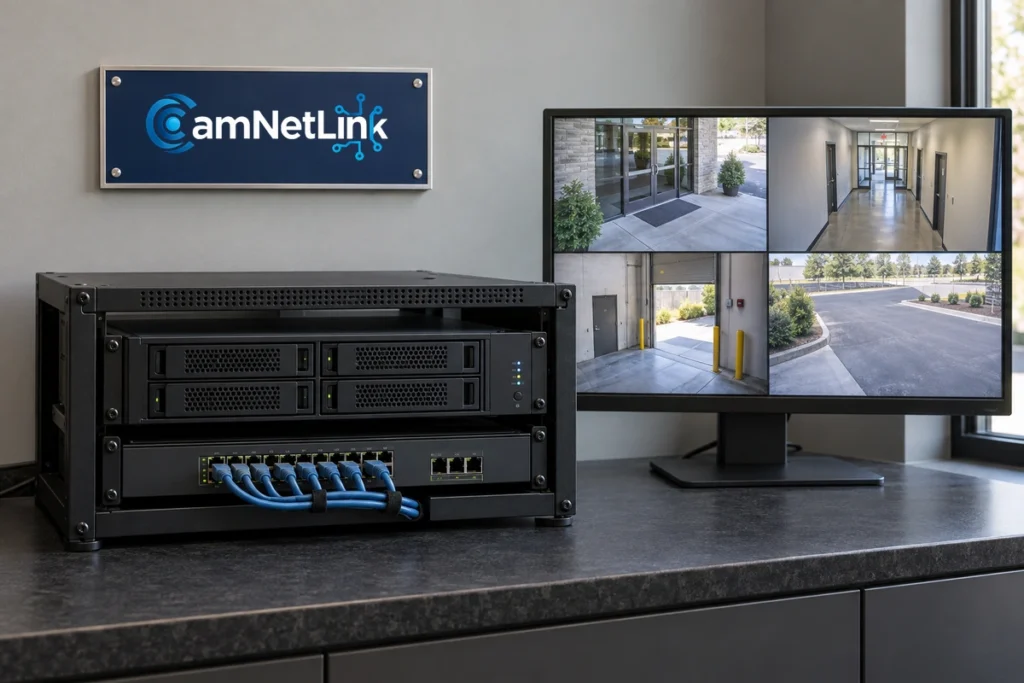 Network video recorder and blue Ethernet cables beside a four-view security monitor and framed CamNetLink sign