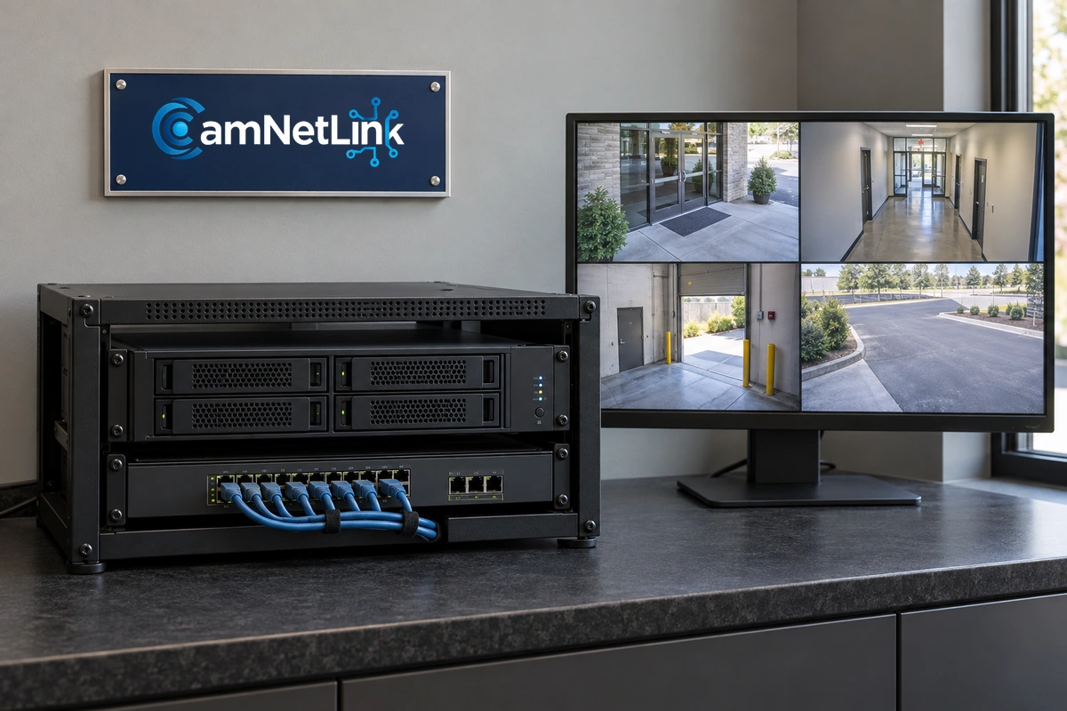 Network video recorder and blue Ethernet cables beside a four-view security monitor and framed CamNetLink sign