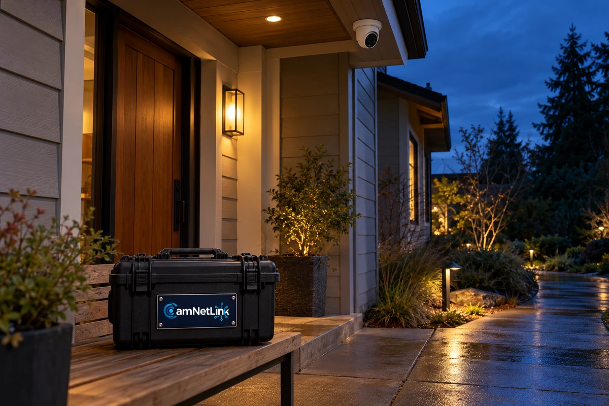 Outdoor security camera above a warmly lit porch and wet walkway, with a CamNetLink sign on a technician's case