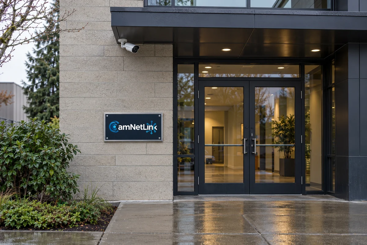 Security camera mounted beneath an entrance awning beside a framed CamNetLink sign and wet walkway